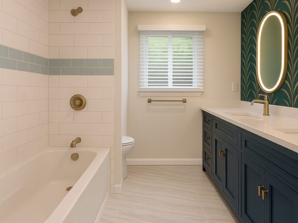 Modern bathroom renovation with double vanity, brass fixtures, bathtub, and patterned accent wall by Delghavi Design in Aroura