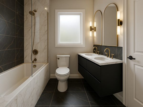 Elegant bathroom remodel with black floating vanity, brass fixtures, marble tile tub surround, and double mirrors by Delghavi Design in King City, ON
