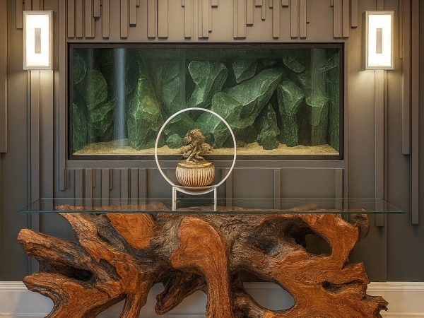 “Luxury custom MDF feature wall with vertical panel design and built-in aquarium — modern entrance renovation in Newmarket by Delghavi Design & Build.”