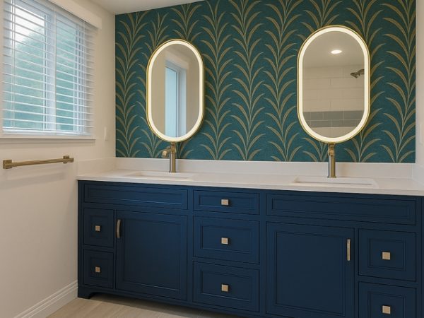 Bathroom renovation with double vanity, navy blue cabinetry, brass hardware, and lighted mirrors by Delghavi Design in Aroura,ON