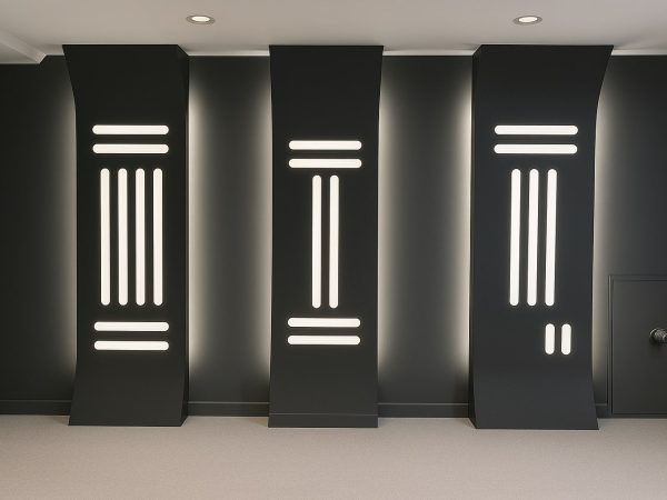 Modern custom Theater room with vertical LED lighting panels by Delghavi Design & Build