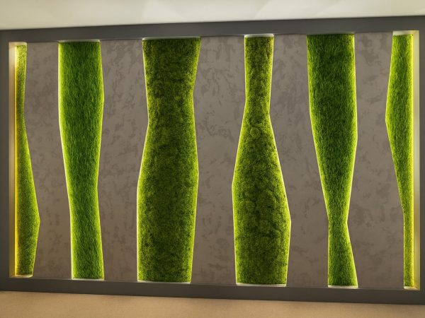 Custom gym feature wall with green moss panels and LED backlighting by Delghavi Design & Build