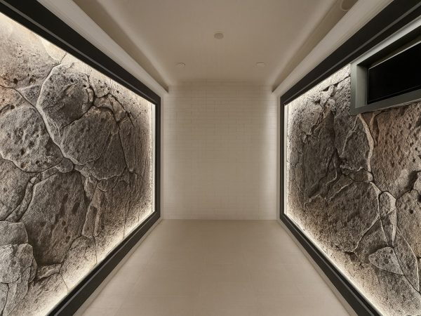 Luxury wine cellar with stone feature walls and LED backlighting by Delghavi Design & Build in Nobleton