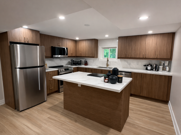 Modern kitchen with walnut-tone flat-panel cabinets, white quartz countertops, stainless steel appliances, and a waterfall island under recessed lighting.