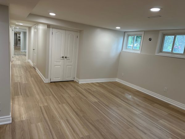 Finished basement room with light wood flooring, recessed pot lights, white double doors, and neutral wall colors.